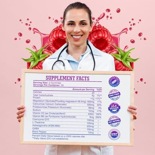Magnesium Glycinate Gummies 400mg, High Absorption Magnesium Gummies with L-Theanine, Ashwagandha & GABA for Relaxation, Stress Relief & Sleep, Sugar Free, Vegan, 60 Raspberry