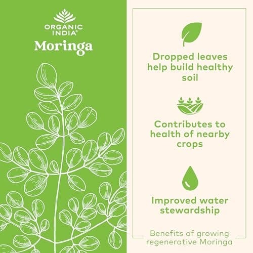 ORGANIC INDIA Moringa Herbal Supplement - Green Superfood, Nutrient Dense, Pure Plant Protein, Vitamin A, E, K, Iron, Calcium, Fiber, Vegan, Gluten-Free, USDA Certified Organic - 90 Capsules