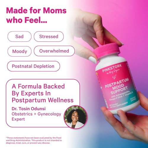 Pink Stork Postpartum Mood Support - Postnatal Hormone Balance for Women - Breastfeeding Friendly - Stress & Cognitive Support, New Mom Essentials - Ashwagandha, Chamomile, Vitamin D, 60 Capsules