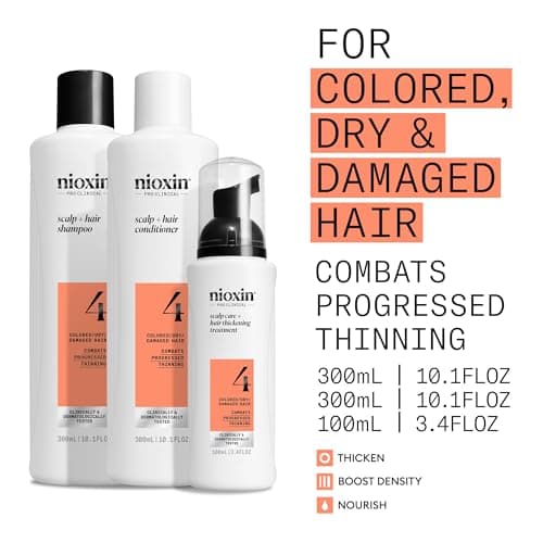Nioxin Scalp + Hair Thickening System 4 |For Colored or Damaged Hair with Progressed Thinning| With Niacinamide and Biotin | Full Size| 3 Month Supply