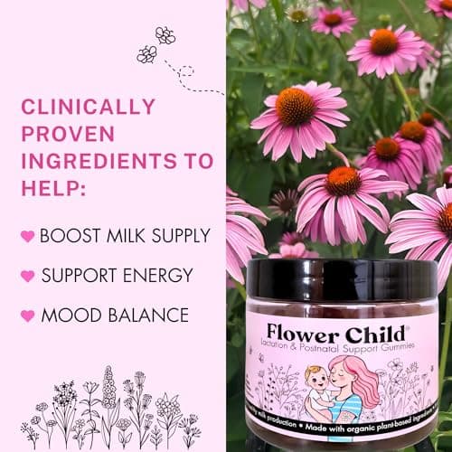 Flower Child Breastfeeding Gummies for Milk Production with Organic Moringa, Milk Thistle, Choline & DHA, Lactation Supplement Postnatal Recovery Vitamins, Fenugreek Free, Vegan, 60 Count