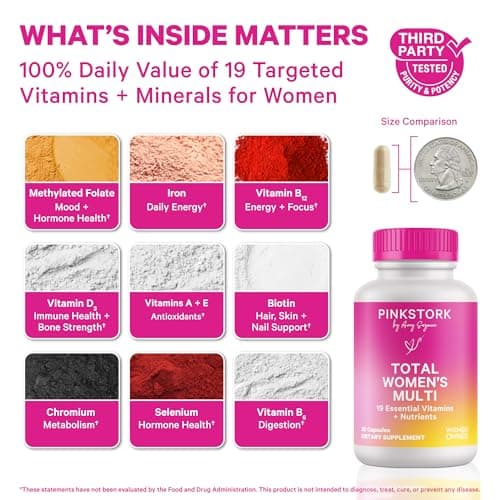 Pink Stork Total Women's Multivitamin - 19 Essential Vitamins for Women & Nutrients – Energy, Metabolism, Hormone, Immune & Mood Support – B6, B12, Biotin, Iron & Zinc – 30 Capsules