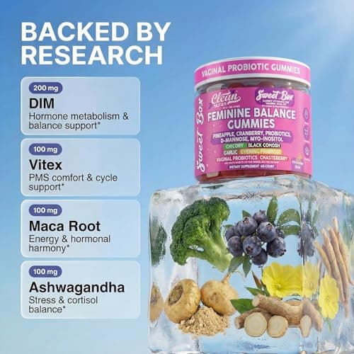 Clean Nutra Feminine Balance Gummies for Women Pineapple VaginalProbiotics pH Balance Cranberry D Mannose Supplement Inositol Black Cohosh Evening Primrose Garlic Vitex GLA Prebiotics Folate 60ct