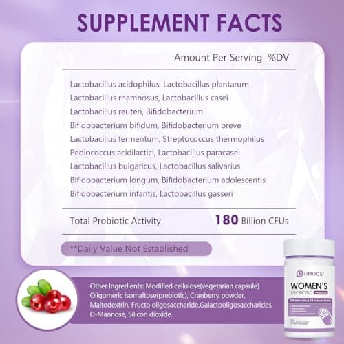 OMOGS Women's Probiotic 180 Billion CFUs 18 Strains, with Organic Prebiotics, Cranberry Extract, D-Mannose & Digestive Enzymes, for Digestive, Boost Immune, PH Balance & Urethral Health, 90 Capsules