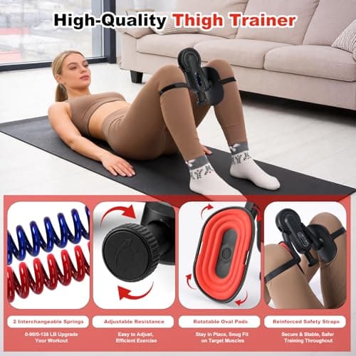 Thigh Trainer, 10-135LB Adjustable Resistance Pelvic Floor Exercise Devices, Kegel Inner Thigh Exerciser with Leg Strap, Thigh Workout Equipment for Shaping, Yoga, Weight Loss Home Gym（2 Springs）