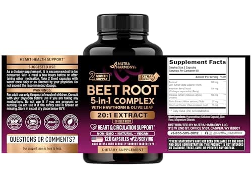 Beet Root Capsules - Healthy Blood Pressure Support Supplement** for Heart & Circulation Support - with Hawthorn Berry, Hibiscus & Garlic - Nitric Oxide for Energy - Made in USA, 120 Capsules