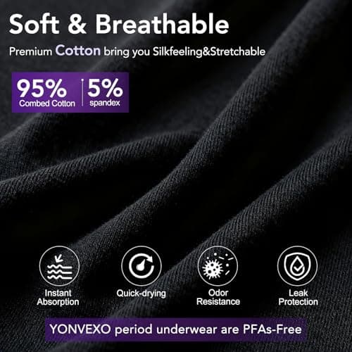 YONVEXO Period Underwear for Women, Cotton Panties Washable& Reusable, 60ML High Leak Proof Underwear, Breathable Briefs for Period/Incontinence/Postpartum Multicolor- 3pack-L