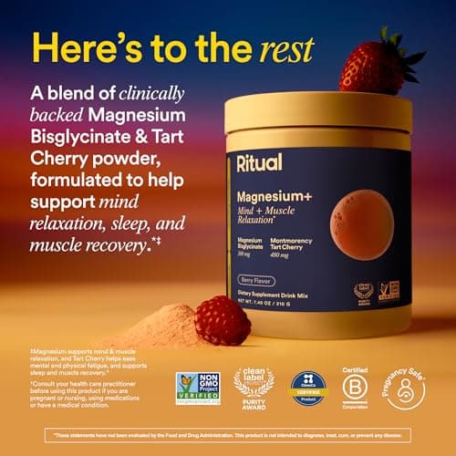 Ritual Magnesium+ Glycinate Drink Mix Supplement - with Tart Cherry to Support Calm, Sleep, Mind, Muscle Relaxation, Recovery and Cramping Relief** - Vegan - Sugar-Free - Berry - 30 Servings