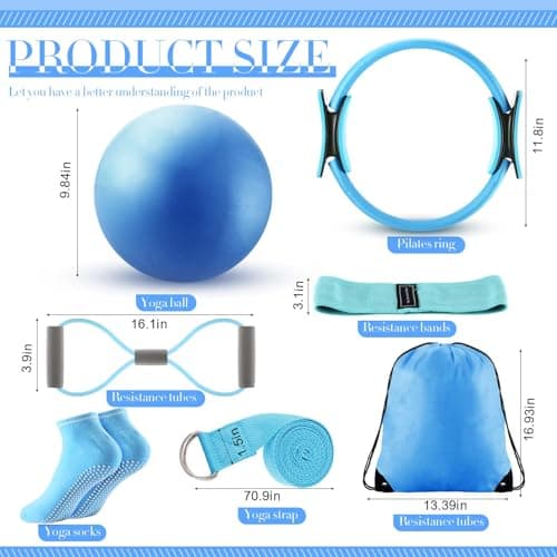 Poen 14 Pcs Pilates Equipment Kit for Home Workout Pilates Ring and Ball Set for Women 12'' Circle Yoga Fitness Essentials Kit with Resistance Bands, Yoga Strap, Socks,Bag (Blue,Gray)