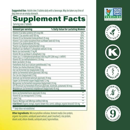 MegaFood Baby & Me 2 Postnatal Vitamins for Women Breastfeeding with Folate (Folic Acid Natural Form), Choline, Iodine, Vitamin D, Moringa Leaf and More - 60 Tabs (30 Servings)