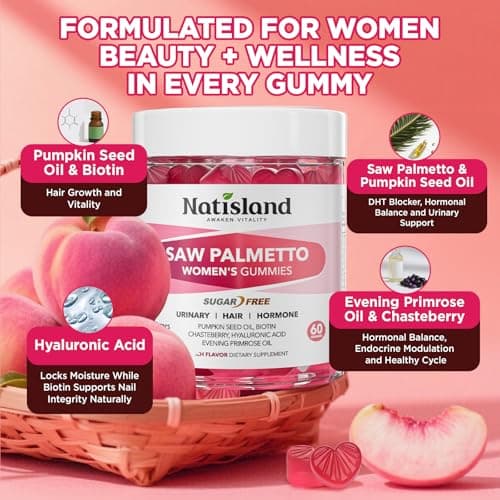 NATISLAND Saw Palmetto for Women Gummies, Organic Saw Palmetto with Pumpkin Seed Oil for Hair Growth, DHT Blocker & Urinary Health, Sugar Free, Vegan, Peach Flavor, 60 Chewable