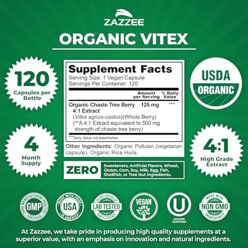 Zazzee USDA Organic Vitex 4:1 Extract, 120 Vegan Capsules, 4 Month Supply, Chaste Berry, Hormonal Balance & Cycle Support for Women, Certified Kosher, Vitex Agnus-Castus, Non-GMO, Made in the USA