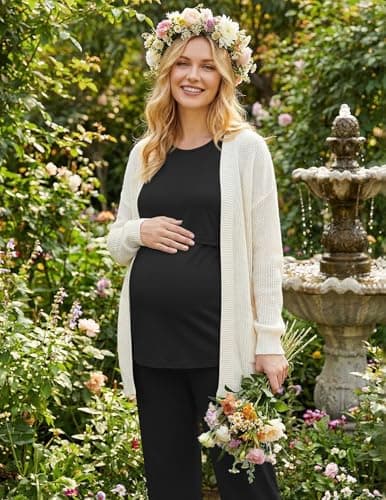 Ekouaer 3 Piece Postpartum Nursing Pajamas Set Short Sleeve Breastfeeding Shirts Pregnancy Shorts & Pants Maternity Pjs Black M