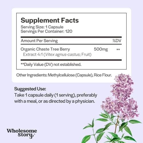 Wholesome Story Organic Vitex Chasteberry Supplement for Women | Hormone Balance, Fertility Support & Period Regulation | Vitex Berry Agnus Castus Extract | 120 Capsules | Chaste Tree Berry