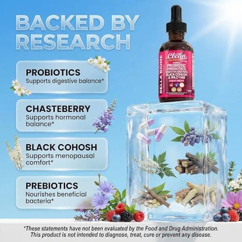 Liquid Probiotics for Women Drops with Chasteberry, Black Cohosh, Prebiotics, Digestive Enzymes, Evening Primrose Oil, Wild Yam, Cranberry Dmannose and Iron Vitamin D3 K2 Clean Nutra Bella Biotics