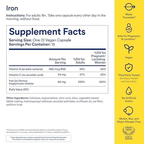 Ritual Iron Bisglycinate Supplement - 60mg - Gentle Support for Women with Low Iron Levels & Blood Boosting** - 48-Hour Dosing Routine - Plus Vitamin A, C - Vegan - Citrus - 15 Capsules - 15 Servings