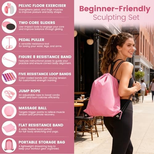 9-in-1 Home Workout Equipment for Women, Pedal Resistance Band with Handle, Thigh Master, Core Sliders & Exercise Bands with Workout Guide, Beginner Starter Kit for Ab Workout & Body Toning (Pink)