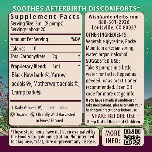 WishGarden Herbs AfterEase Drops for Postpartum Cramps & After-Birth Contractions – Liquid Herbal Supplement – Women's Postpartum Essential – 2 oz