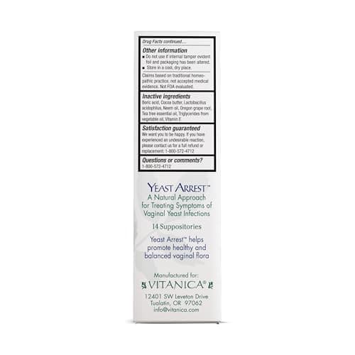 Vitanica Yeast Arrest, Homeopathic Vaginal Suppositories, for Yeast Infection Symptoms, Relieves Burning, Itching & Discharge, with Boric Acid, Tea Tree Oil & Probiotics, Vegan (Pro Logo, 14ct)