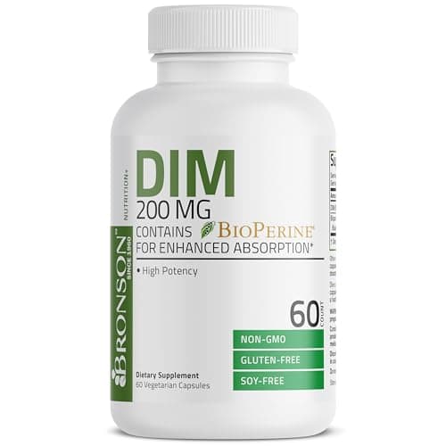 Bronson DIM 200 MG Supplement Diindolymethane with BioPerine for Enhanced Absorption, Estrogen Metabolism & Maintains Balanced Hormone Levels, 60 Vegetarian Capsules