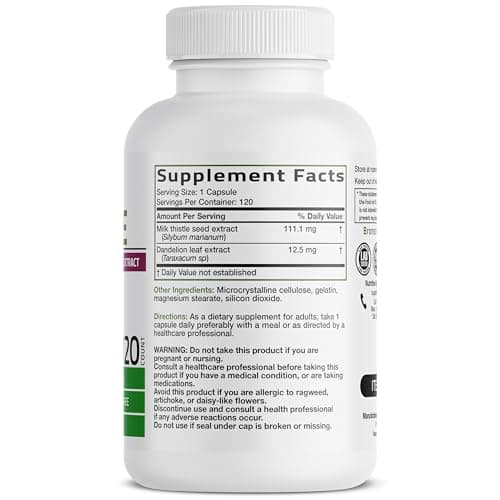Bronson Milk Thistle Silymarin Marianum & Dandelion Extract Liver Health Support, Antioxidant Support, Detox, 120 Capsules
