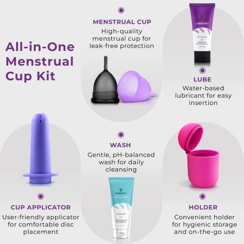 Ecoblossom Complete Menstrual Cup Kit - Small & Large Reusable Period Cups, Silicone Sterilizer Holder, Cleansing Wash, Water-Based Lube, and Easy-Insert Disc Applicator - All Inclusive Set