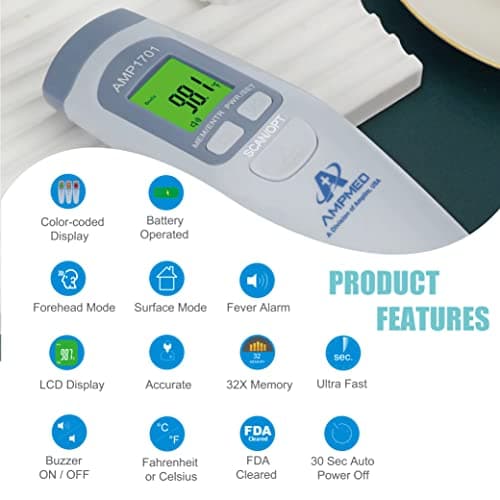 Amplim Medical Grade Forehead Thermometer for Adults, Kids, Baby, Non-Contact Digital Infrared Thermometer, Instant Read, Accurate & Fast Fever Detection, for Home, Clinic, Office Use