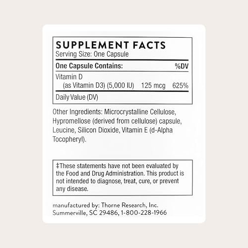 THORNE - Vitamin D-5,000 - Vitamin D3 Supplement - Supports Healthy Bones, Teeth & Muscles, Plus Cardiovascular & Immune Function* - NSF Certified for Sport - Gluten, Dairy & Soy-Free - 120 Capsules