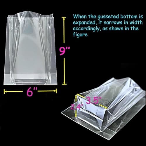 PigPotParty Cellophane Treat Bags 6x9 Inch, 50 Pack Clear Goodie Bags with Bottom Gusset for Stand-Up Display, Small Plastic Gift Wrap for Cookies, Candy, Party Favors, Popcorn, Includes 50 Gold Ties