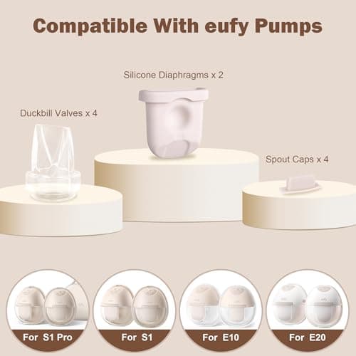 Breast Pump Replacement Parts Kit Compatible with Eufy Electric Wearable Breast Pumps E10 / E20 / S1 / S1 Pro, 10PCS Includes 4 Spout Caps, 4 Duckbill Valves & 2 Silicone Diaphragms, BPA Free