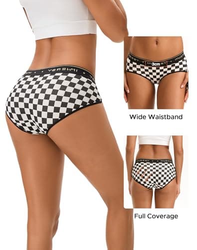 INNERSY Women's Underwear Cotton Hipster Panties Mid Rise Briefs Tagless Wide Waistband 6 Pack(Large, Fancy Checkers)