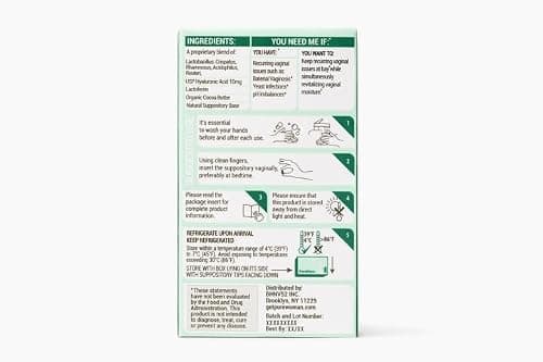 Pure Flora Vaginal Probiotic Suppository - 4 Strain Lactobacillus + Lactoferrin + USP Hyaluronic Acid - Promotes Healthy Vaginal Microbiome, Odor, BV, pH Balance, & Dryness Relief - Natural - 10 Count