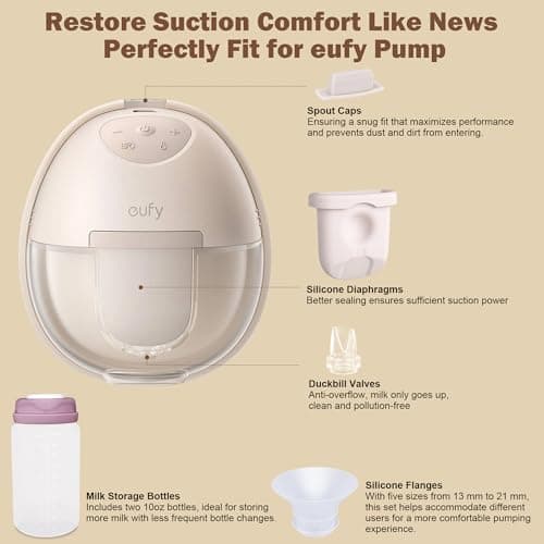 Breast Pump Replacement Parts Kit Compatible with Eufy Electric Wearable Breast Pumps E10 / E20 / S1 / S1 Pro, 10PCS Includes 4 Spout Caps, 4 Duckbill Valves & 2 Silicone Diaphragms, BPA Free