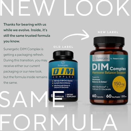 Sunergetic Premium DIM Supplement – 150mg diindolylmethane, Broccoli, Calcium D-Glucarate & Bioperine for Men & Women – DIM Complex for Menopause Support & Balance - 60 Capsules