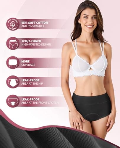 RFOGJV Period Underwear for Women Teens Leak-Proof Menstrual Cotton Protective Hipster Panties 3 Pack Black,M