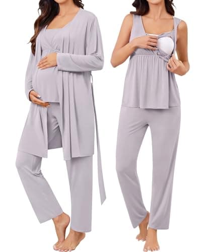 SWOMOG Women Maternity Nursing Pajamas Sets 3 Piece Breastfeeding Robe 3 in 1 Labor Delivery Sleeveless Pregnancy Pjs & Pants