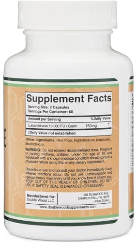 Lumbrokinase Enzymes Supplement - 120 Capsules (Max Activity 10,000 FU/Gram) 150mg per Serving (No Fillers, Non-GMO, Gluten Free) for Cardiovascular and Blood Circulation Support by Double Wood