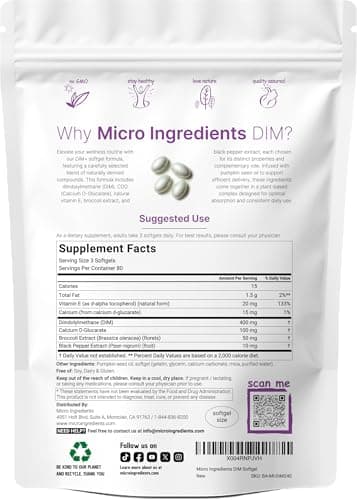 Micro Ingredients DIM+ Supplement 400mg for Men & Women | 240 Softgels with Pumpkin Seed Oil | Highly Bioavailable 7-in-1 Complex with Vitamin E, CDG, Broccoli & Black Pepper Extract
