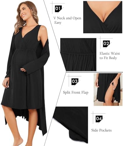 Ekouaer Women's Nursing Nightgown and Robe Set Labor and Delivery Robes Soft Maternity Nightgowns Pregnancy Gowns Black L