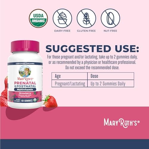 MARYRUTH'S Organics Prenatal Vitamins for Women | USDA Organic Prenatal Gummies | Postnatal Vitamins for Women Breastfeeding | Methylfolate 800 mcg DFE | Iodine | Vegan | Non GMO | 30 Servings