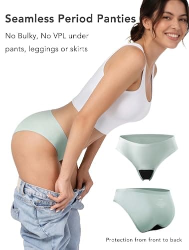 TIICHOO Period Underwear Heavy Flow Seamless Period Bikini Panties for Women 5 Pack (Medium,Black/2 Beige/2 Smoke Green)