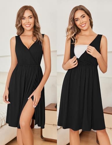 Ekouaer Women's Nursing Nightgown and Robe Set Labor and Delivery Robes Soft Maternity Nightgowns Pregnancy Gowns Black L