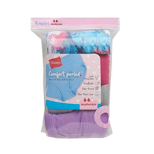 Hanes® Girl's Period Underwear, Comfort Period.™ Hipster Panty, Moderate Protection Period Panties, 4-Pack