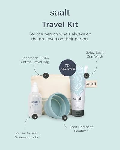 Saalt Travel Menstrual Kit - Easy Cleaning for Public Restroom, School, or Travel for Menstrual Cup or Menstrual Disc - Reusable Travel Bag, 3.4oz Wash, Squeeze Bottle, Compact Sanitizer