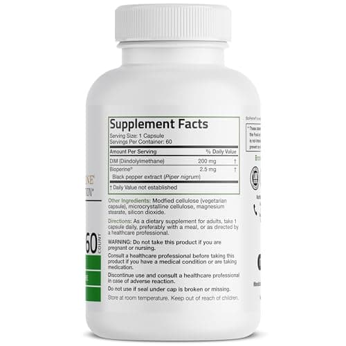 Bronson DIM 200 MG Supplement Diindolymethane with BioPerine for Enhanced Absorption, Estrogen Metabolism & Maintains Balanced Hormone Levels, 60 Vegetarian Capsules