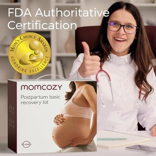 Momcozy Postpartum Recovery Essentials Kit, Labor Delivery Mom Care Kit, Self-Absorbent Disposable Underwear Nipple Nursing Pads Upside Down Peri Bottle Cold Pads Cooling Foam Canvas Bag Set
