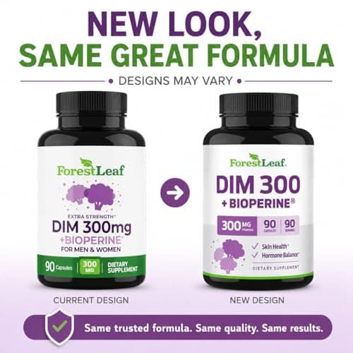 ForestLeaf DIM Supplement - 300mg DIM Estrogen Supplement for Women/Men - Diindolylmethane with BioPerine Black Pepper - Support for Detox, Metabolism, Hormone Balance & Menopause - 90 Caps