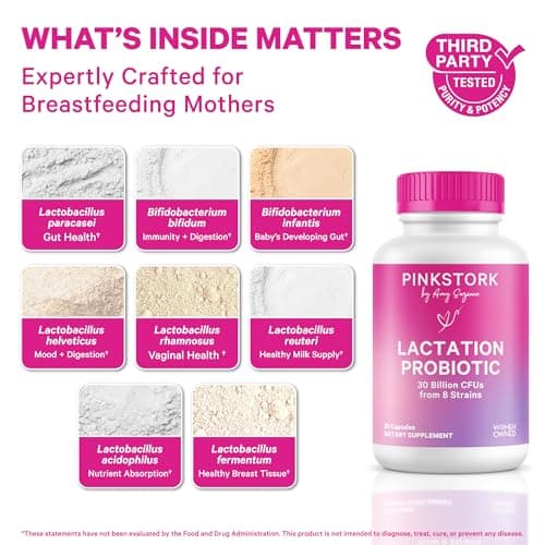 Pink Stork Lactation Probiotic - 30 Billion CFUs Multi Strain Postnatal Probiotics for Breastfeeding Women - Support Breast Milk & Gut Health, Postpartum Essentials, 30 Capsules