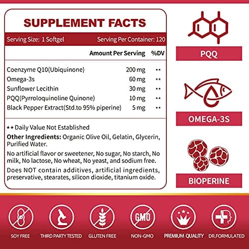 ZEBORA CoQ10-200mg-Softgels with PQQ, BioPerine & Omega-3, 120 Servings Coenzyme Q10(Ubiquinone) Supplement for High-Absorption, Powerful-Antioxidant, Support Heart & Energy-Production