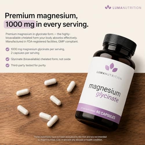 Luma Nutrition Magnesium Glycinate 1000mg - Support Stress, Sleep, Nerve & Muscle Health - 500mg Pure Magnesium Supplement Capsules - Chelated for High Absorption - 60 Veggie Capsules